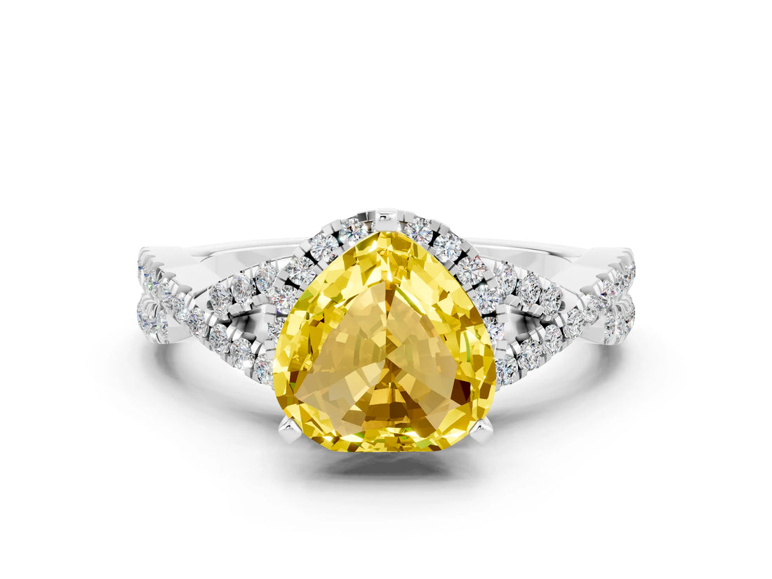 Silver Heart Cut Yellow Sapphire  Halo Twist Band Solitaire Prong Setting Ring_12