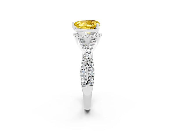 Silver Heart Cut Yellow Sapphire  Halo Twist Band Solitaire Prong Setting Ring