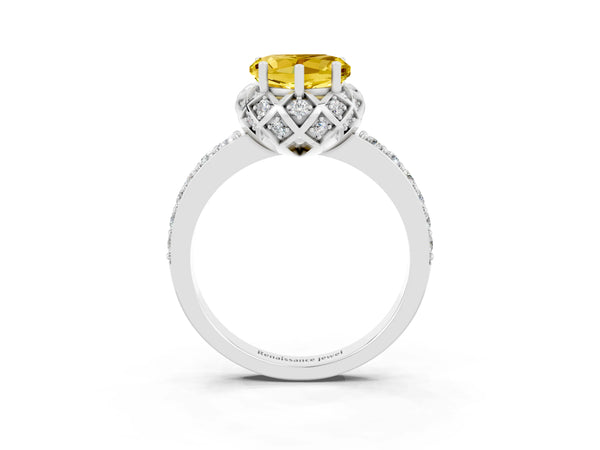 Silver Heart Cut Yellow Sapphire Scalloped Halo Engagement Ring with Round Shared Prong Band
