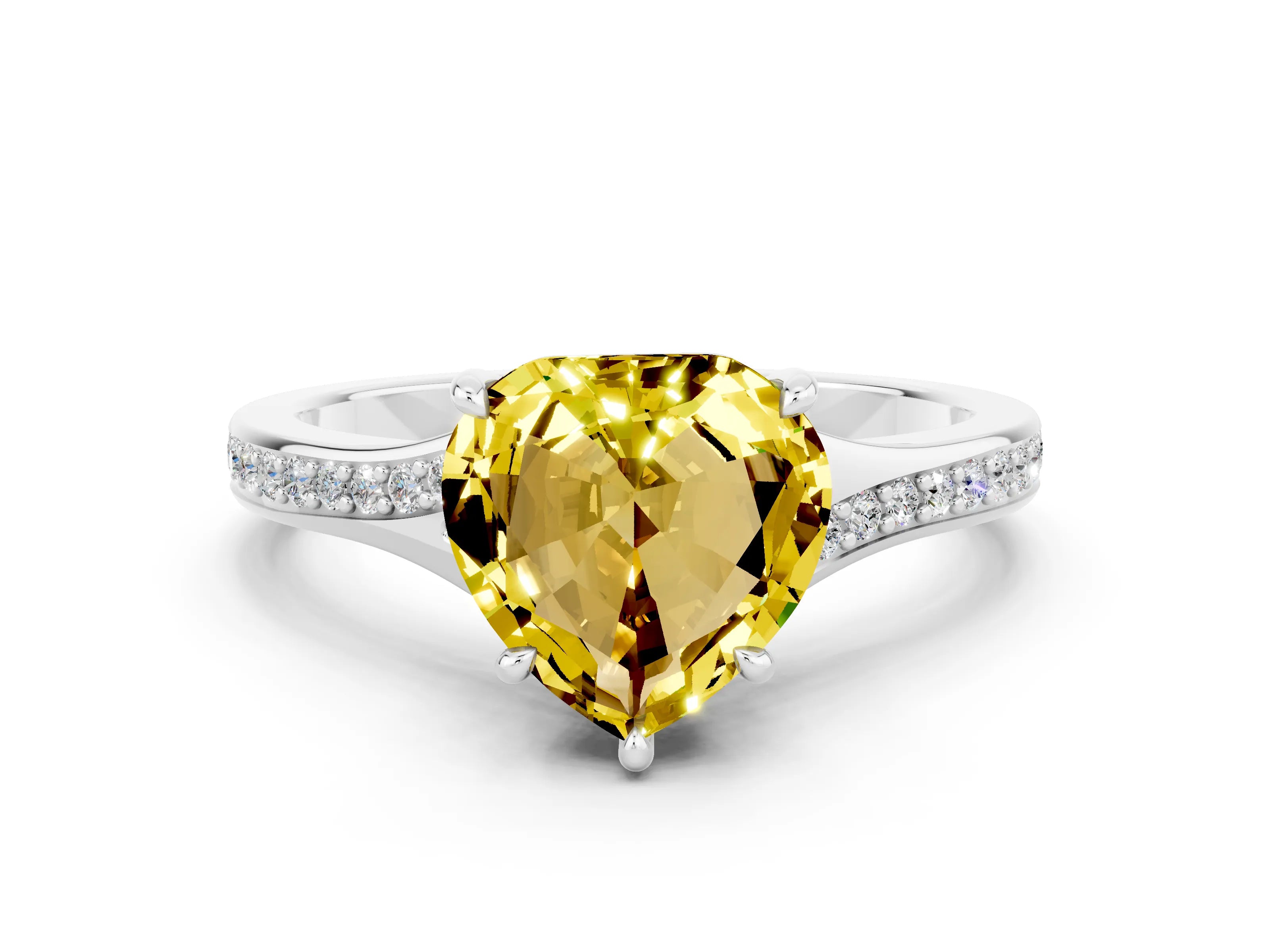 Silver Heart Cut Yellow Sapphire Solitaire Ring with Pavé Band and Prong Setting_12