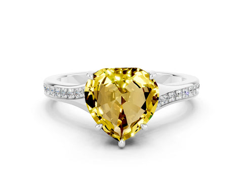Silver Heart Cut Yellow Sapphire Solitaire Ring with Pavé Band and Prong Setting_12