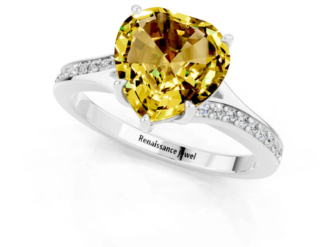 Silver Heart Cut Yellow Sapphire Solitaire Ring with Pavé Band and Prong Setting_13