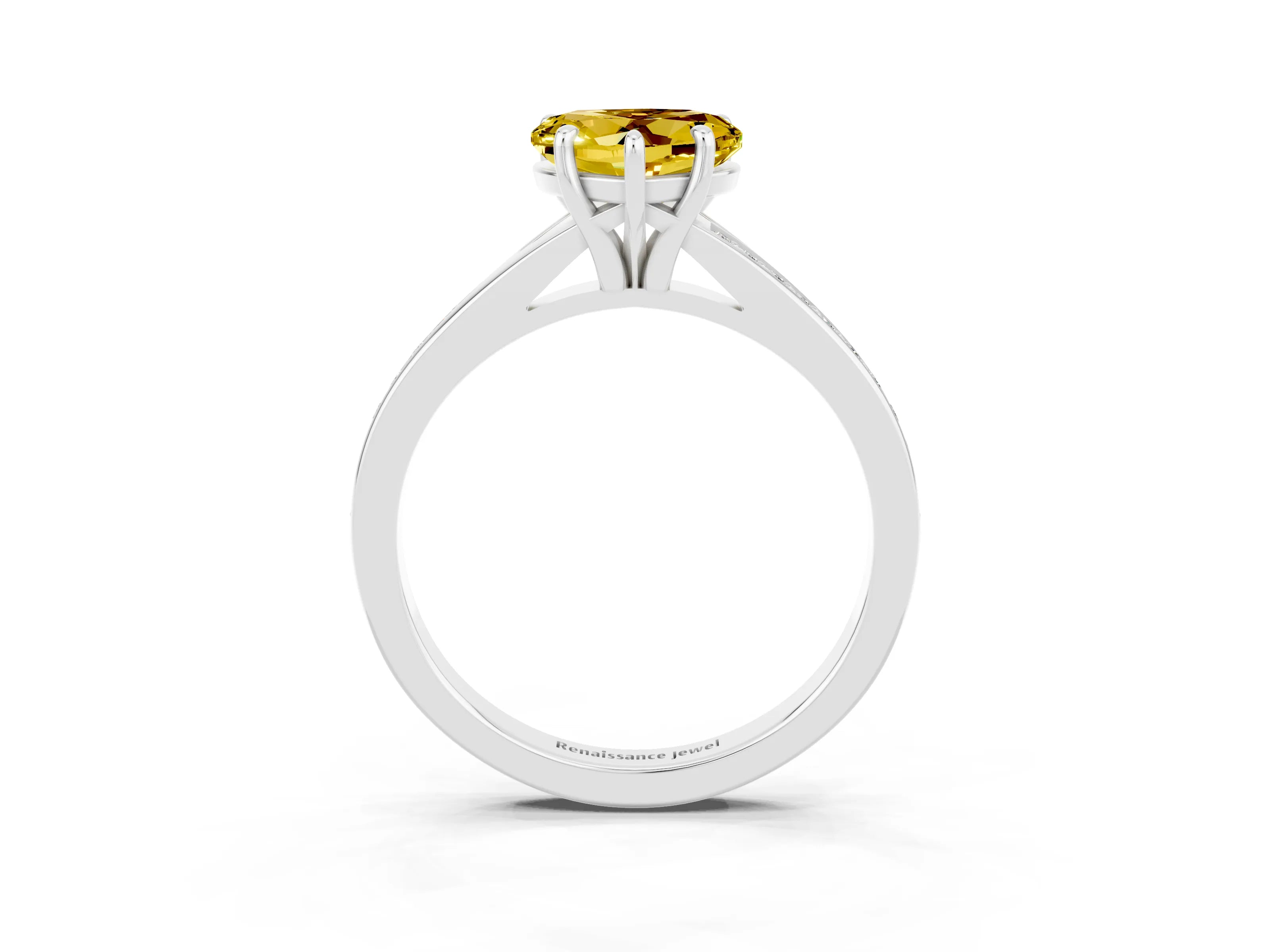 Silver Heart Cut Yellow Sapphire Solitaire Ring with Pavé Band and Prong Setting_15