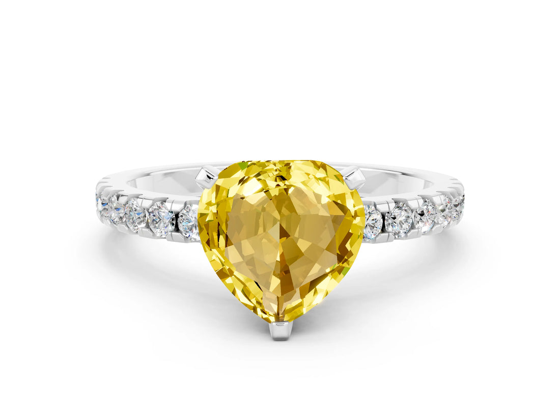 Silver Heart Cut Yellow Sapphire Solitaire Ring with Round  Pavé Band and Four-Prong Setting_24