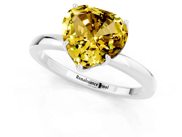 Silver Heart Cut Yellow Sapphire Solitaire Ring with Thin Band and Prong Setting