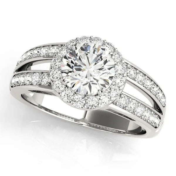 Silver Heart Diamond Halo Ring with Split Shank Pavé Band and Four-Prong Setting