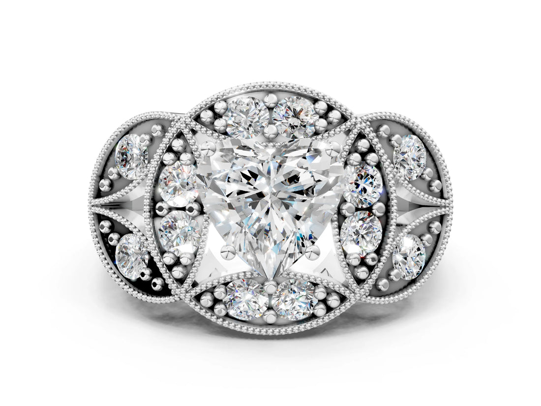 Silver Heart Diamond Milgrain Marquise Filigree Engagement Ring with Prong Setting_6