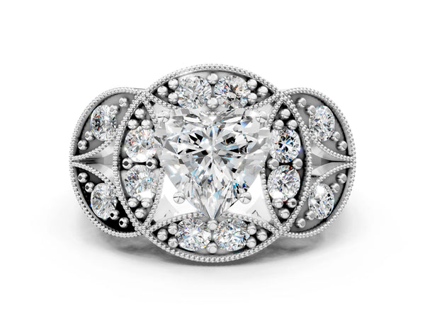 Sterling Silver Heart-Shaped Vintage Halo Engagement Ring Setting with Milgrain Leaf Panels