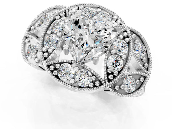 Sterling Silver Heart-Shaped Vintage Halo Engagement Ring Setting with Milgrain Leaf Panels