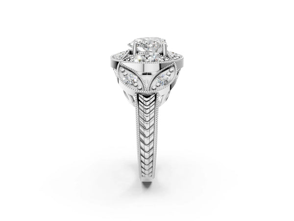 Sterling Silver Heart-Shaped Vintage Halo Engagement Ring Setting with Milgrain Leaf Panels
