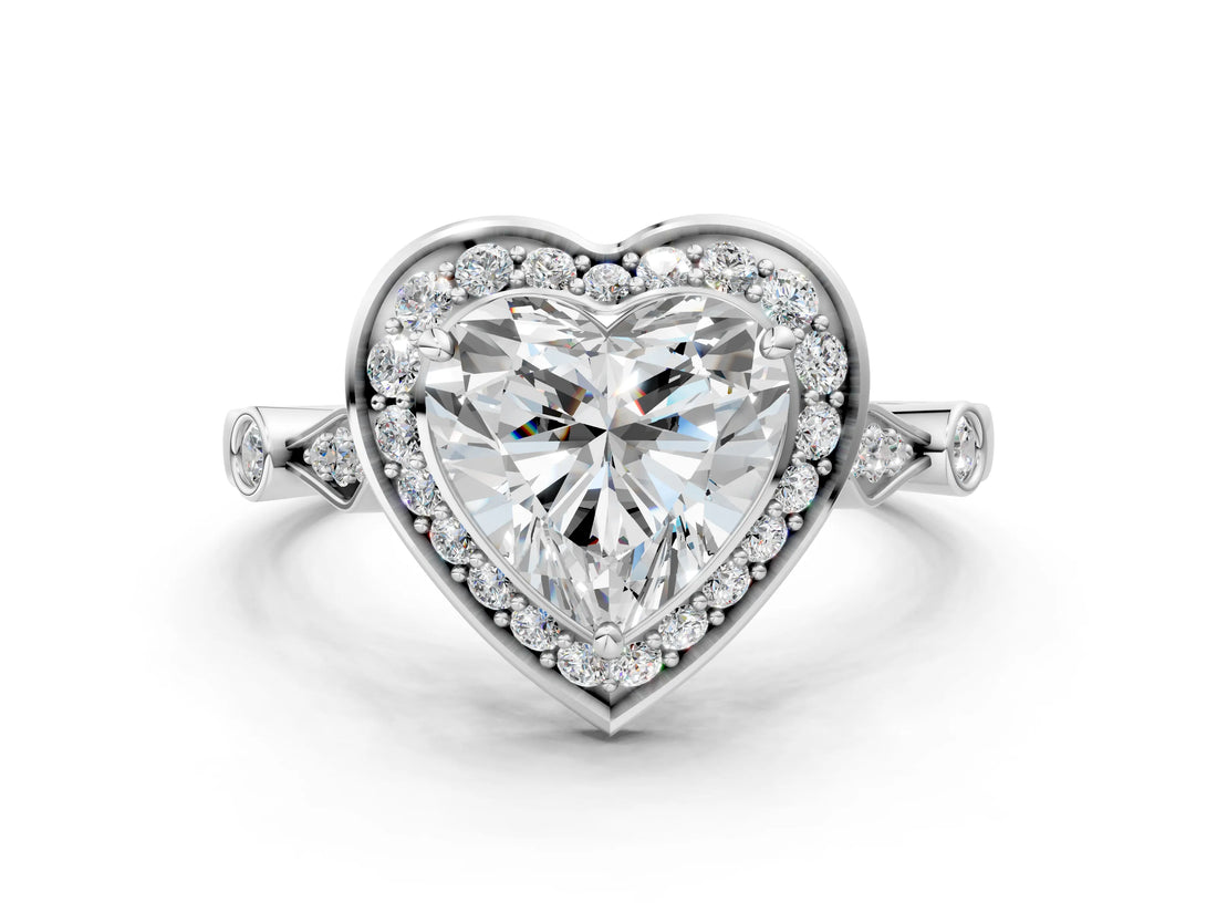 Silver Heart Halo Diamond Engagement Ring with Twisted Band and Four-Prong Setting 2