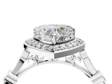 Silver Heart Halo Diamond Engagement Ring with Twisted Band and Four-Prong Setting