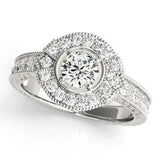 Silver Heart Halo Diamond Ring with Milgrain Bezel and Prong Setting