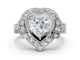 Silver Heart Halo Diamond Ring with Milgrain Bezel and Prong Setting_6