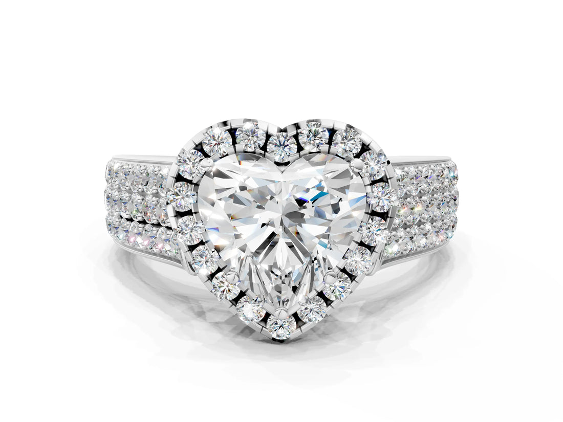 Silver Heart Halo Round Diamond Pave Band with Prong Setting