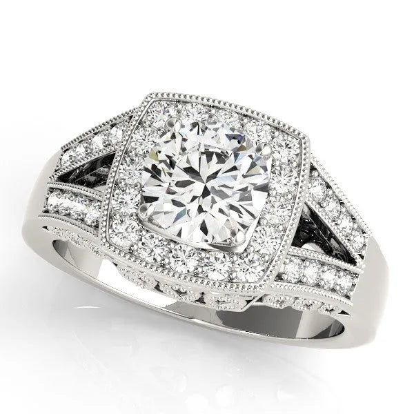 Silver Heart Halo Split Shank Diamond Ring with Milgrain Prong Setting