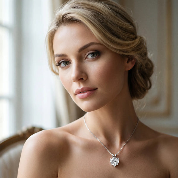 Silver Heart-Shaped Diamond Solitaire Pendant with Four-Prong Setting