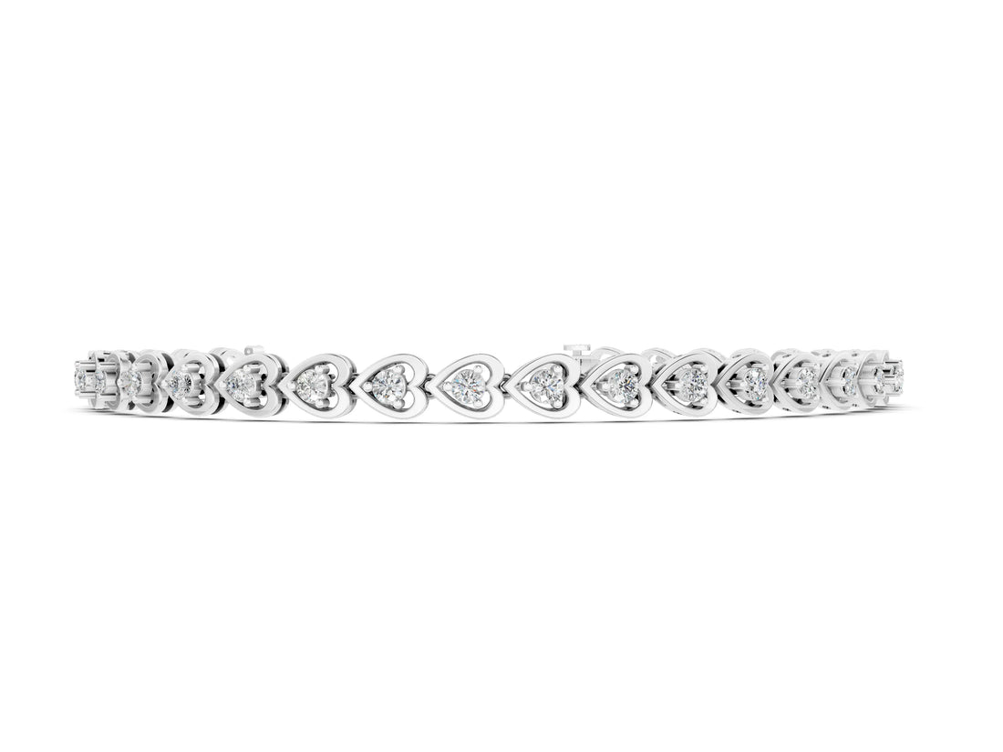 Silver Heart-Shaped Diamond Tennis Bracelet with Channel Setting and Four-Prong Setting