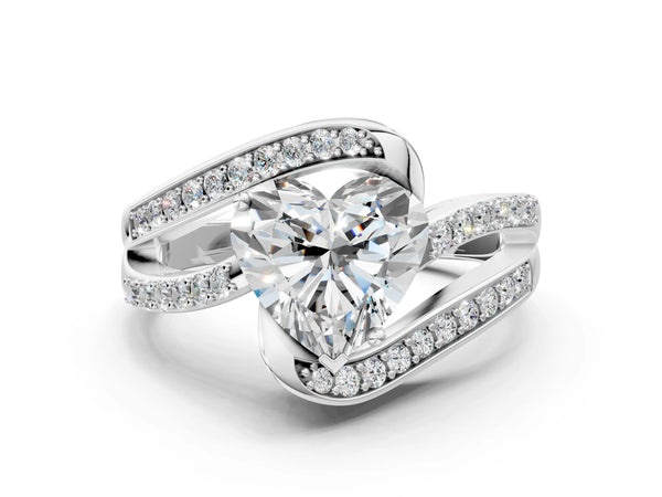 Silver Heart Solitaire Bypass Diamond Engagement Ring with Channel-Set Band and Four-Prong Setting