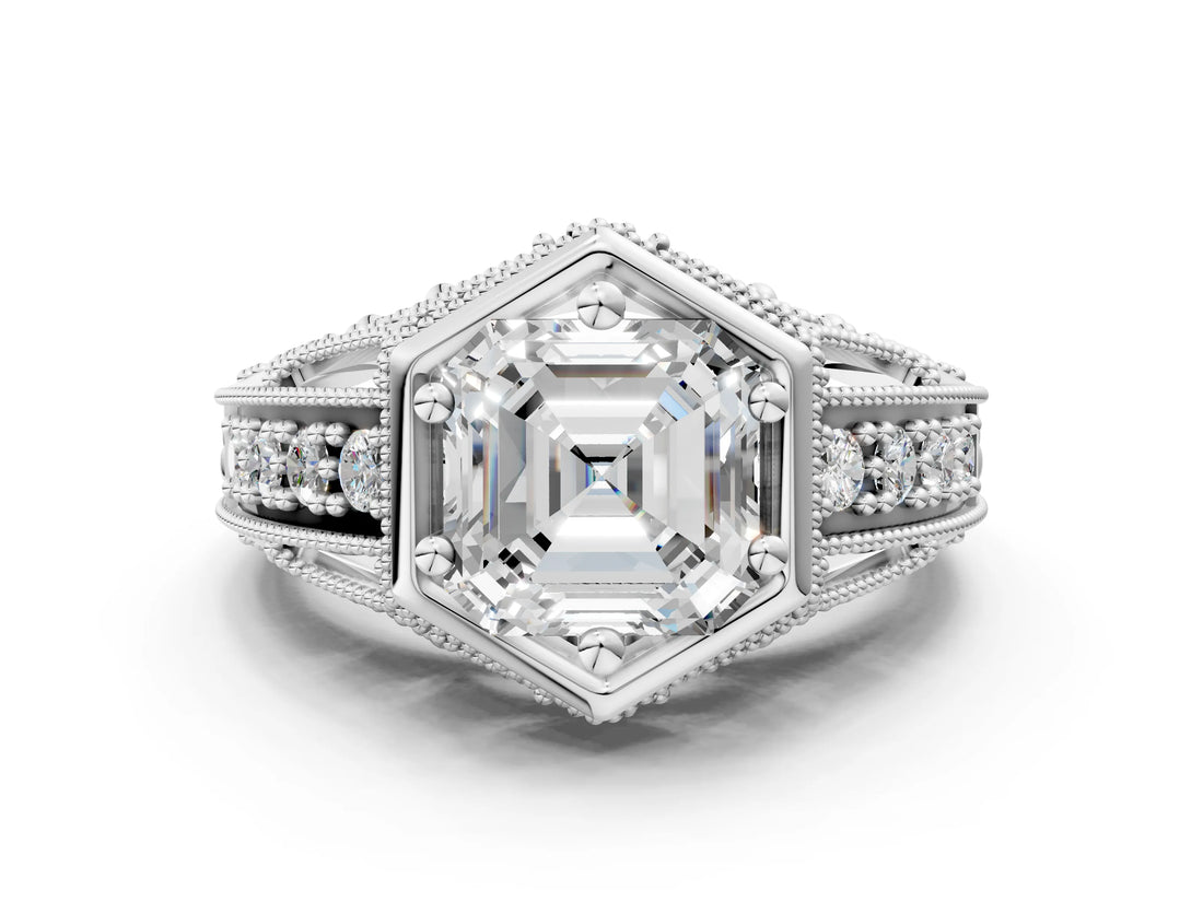 Silver Hexagon Bezel Asscher Cut Diamond Milgrain Split Shank Ring_7