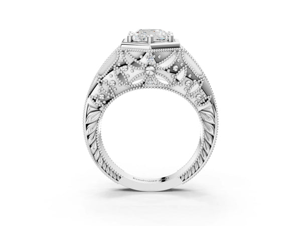 Silver Hexagon Bezel Cushion Cut Diamond Milgrain Split Shank Ring