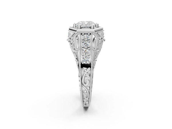 Silver Hexagon Bezel Cushion Cut Diamond Milgrain Split Shank Ring