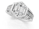 Silver Hexagon Bezel Emerald Cut Diamond Milgrain Split Shank Ring_38