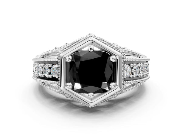 Silver Hexagon Bezel Fancy Black Cushion Cut Diamond Milgrain Split Shank Ring