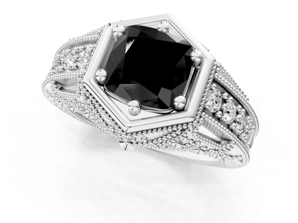 Silver Hexagon Bezel Fancy Black Cushion Cut Diamond Milgrain Split Shank Ring
