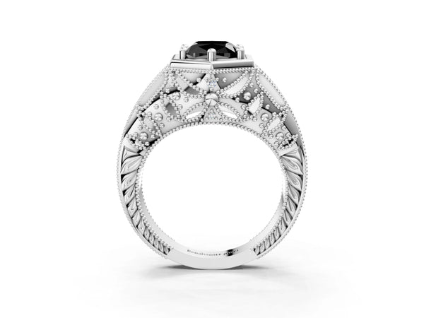 Silver Hexagon Bezel Fancy Black Cushion Cut Diamond Milgrain Split Shank Ring