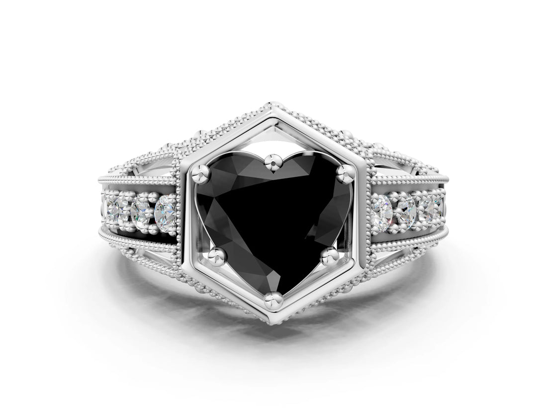 Silver Hexagon Bezel Fancy Black Heart Cut Diamond Milgrain Split Shank Ring_6