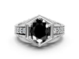 Silver Hexagon Bezel Fancy Black Oval Cut Diamond Milgrain Split Shank Ring_108