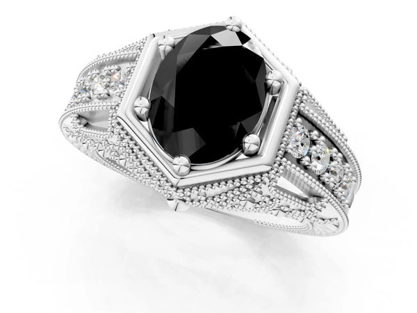 Silver Hexagon Bezel Fancy Black Oval Cut Diamond Milgrain Split Shank Ring