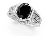 Silver Hexagon Bezel Fancy Black Oval Cut Diamond Milgrain Split Shank Ring_13