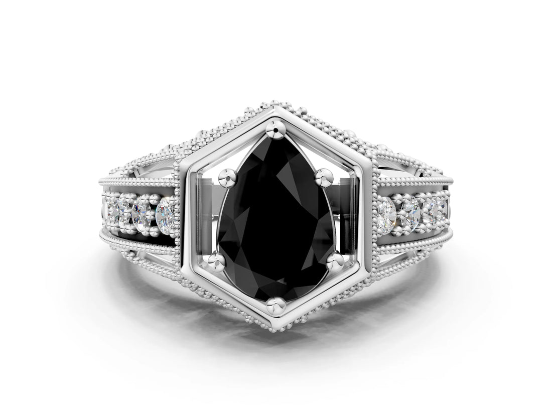 Silver Hexagon Bezel Fancy Black Pear Cut Diamond Milgrain Split Shank Ring_84
