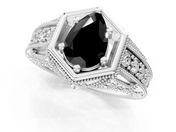 Silver Hexagon Bezel Fancy Black Pear Cut Diamond Milgrain Split Shank Ring