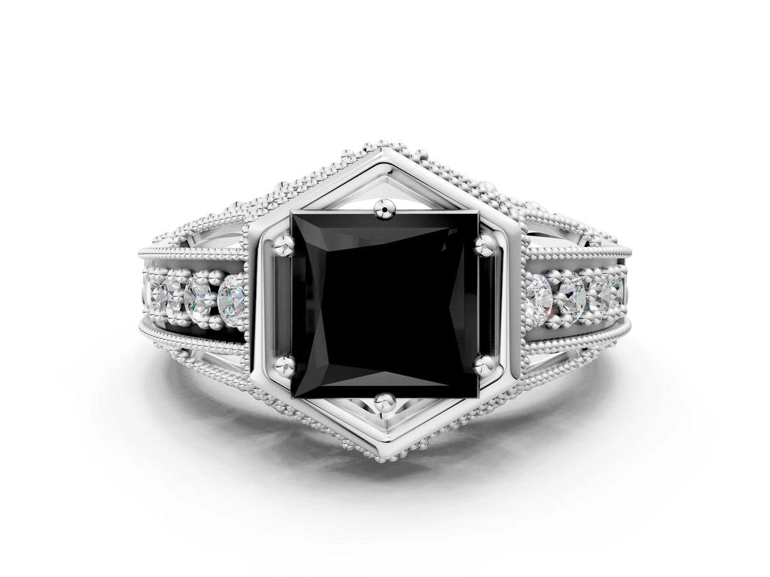 Silver Hexagon Bezel Fancy Black Princess Cut Diamond Milgrain Split Shank Ring_6