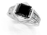 Silver Hexagon Bezel Fancy Black Princess Cut Diamond Milgrain Split Shank Ring_7