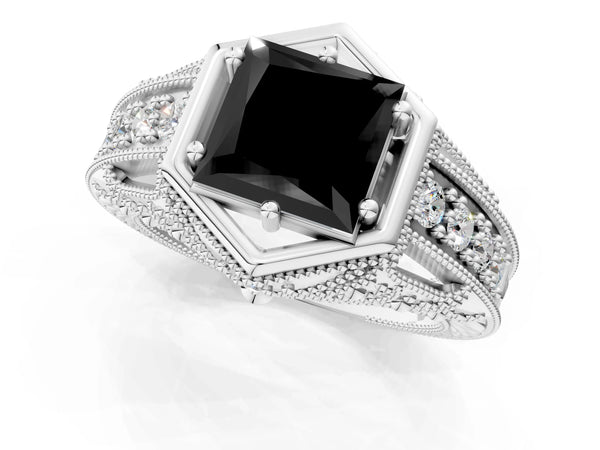 Silver Hexagon Bezel Fancy Black Princess Cut Diamond Milgrain Split Shank Ring