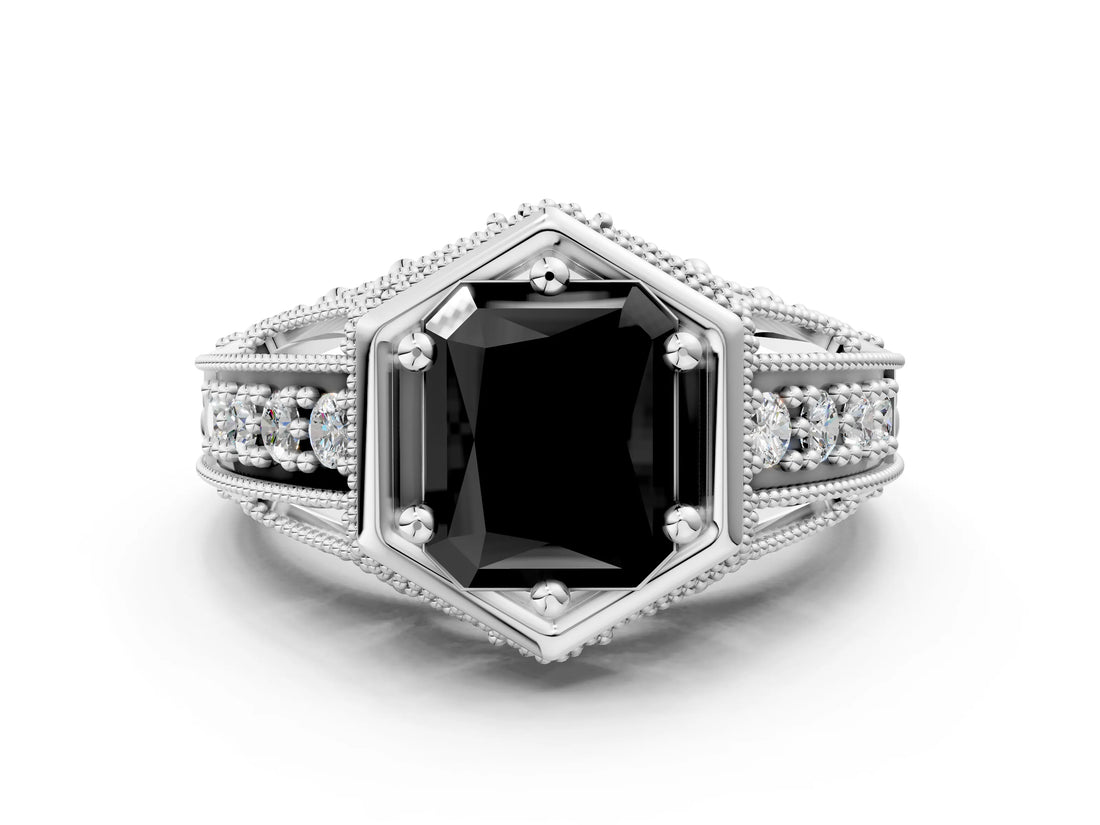 Silver Hexagon Bezel Fancy Black Radiant Cut Diamond Milgrain Split Shank Ring_6