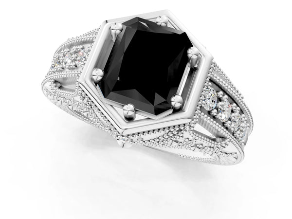 Silver Hexagon Bezel Fancy Black Radiant Cut Diamond Milgrain Split Shank Ring