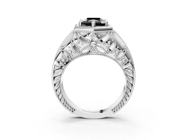 Silver Hexagon Bezel Fancy Black Radiant Cut Diamond Milgrain Split Shank Ring