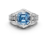 Silver Hexagon Bezel Fancy Blue Asscher Cut Diamond Milgrain Split Shank Ring_6