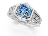 Silver Hexagon Bezel Fancy Blue Cushion Cut Diamond Milgrain Split Shank Ring_109