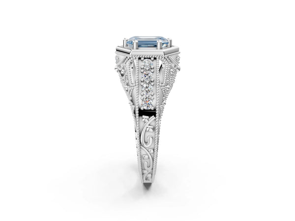 Silver Hexagon Bezel Fancy Blue Emerald Cut Diamond Milgrain Split Shank Ring