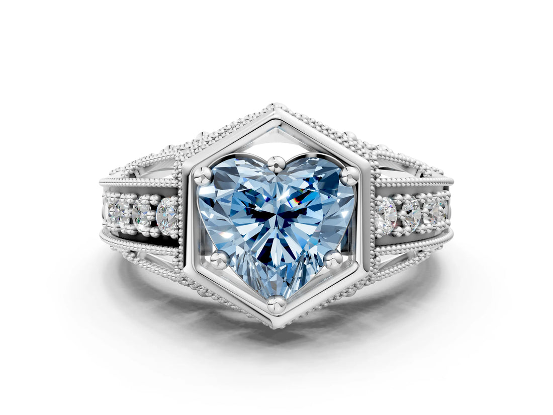 Silver Hexagon Bezel Fancy Blue Heart Cut Diamond Milgrain Split Shank Ring_6