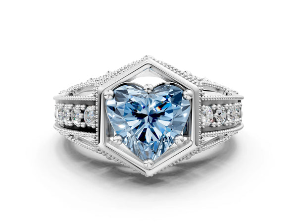 Silver Hexagon Bezel Fancy Blue Heart Cut Diamond Milgrain Split Shank Ring