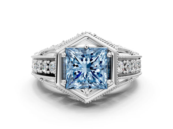 Silver Hexagon Bezel Fancy Blue Princess Cut Diamond Milgrain Split Shank Ring