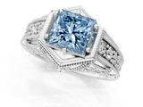 Silver Hexagon Bezel Fancy Blue Princess Cut Diamond Milgrain Split Shank Ring_7