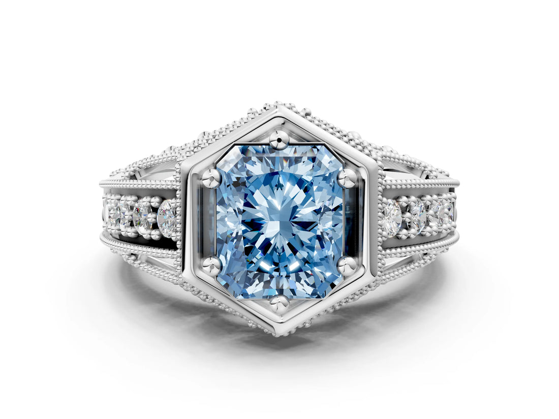 Silver Hexagon Bezel Fancy Blue Radiant Cut Diamond Milgrain Split Shank Ring_36